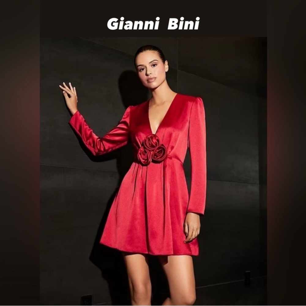 NWT Gianni Bini Bastian Satin V-Neck Rosette Long Sleeve A-Line Dress Size 8
